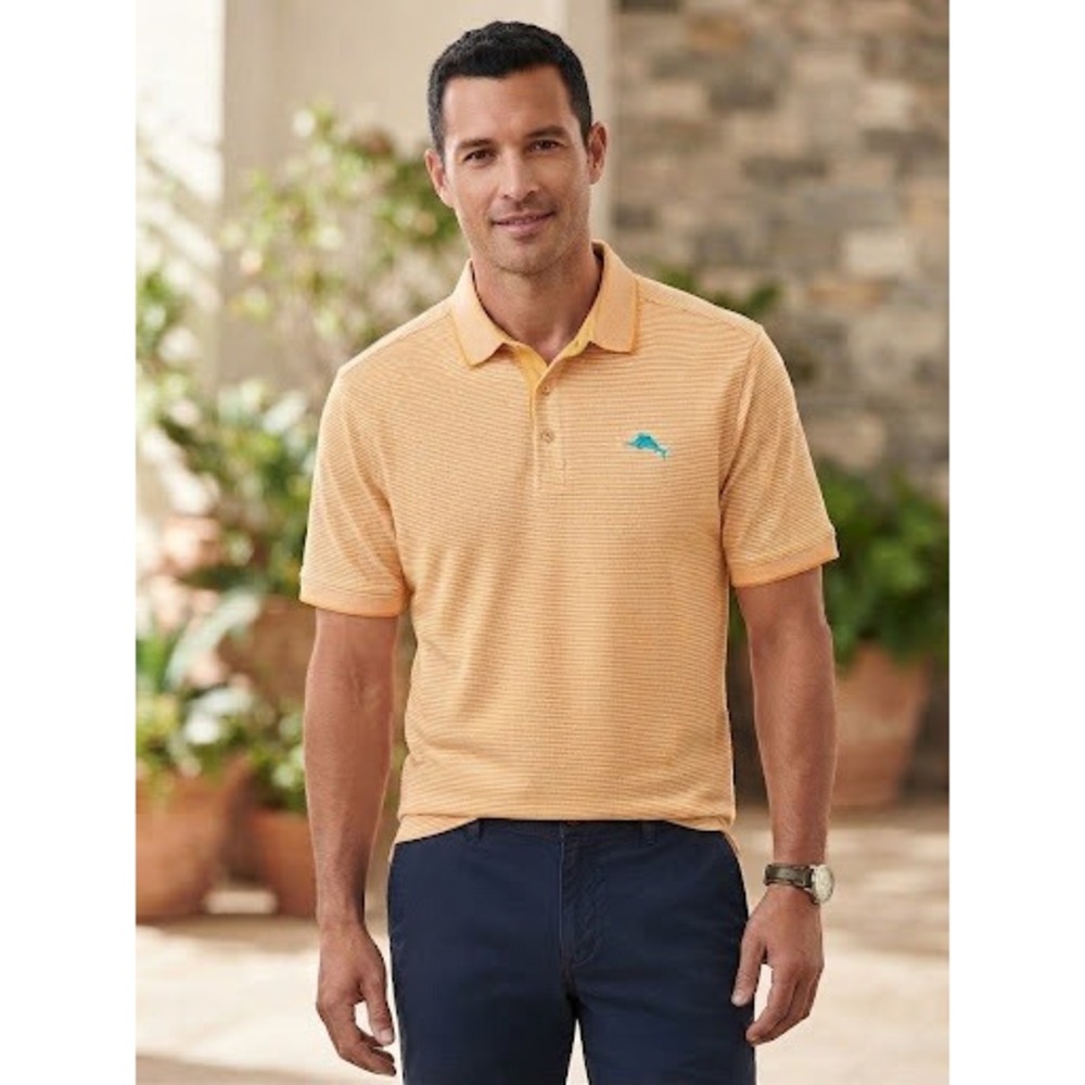 Tommy Bahama Mens XL Orange White Striped Short Sleeve Polo Shirt Marlin Logo
